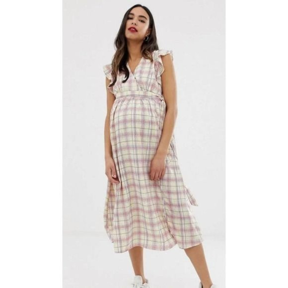 Glamorous Bloom Dresses & Skirts - Glamorous Bloom Women's Maternity Sz. 4 Plaid Flutter Sleeve Midi Dress NWT